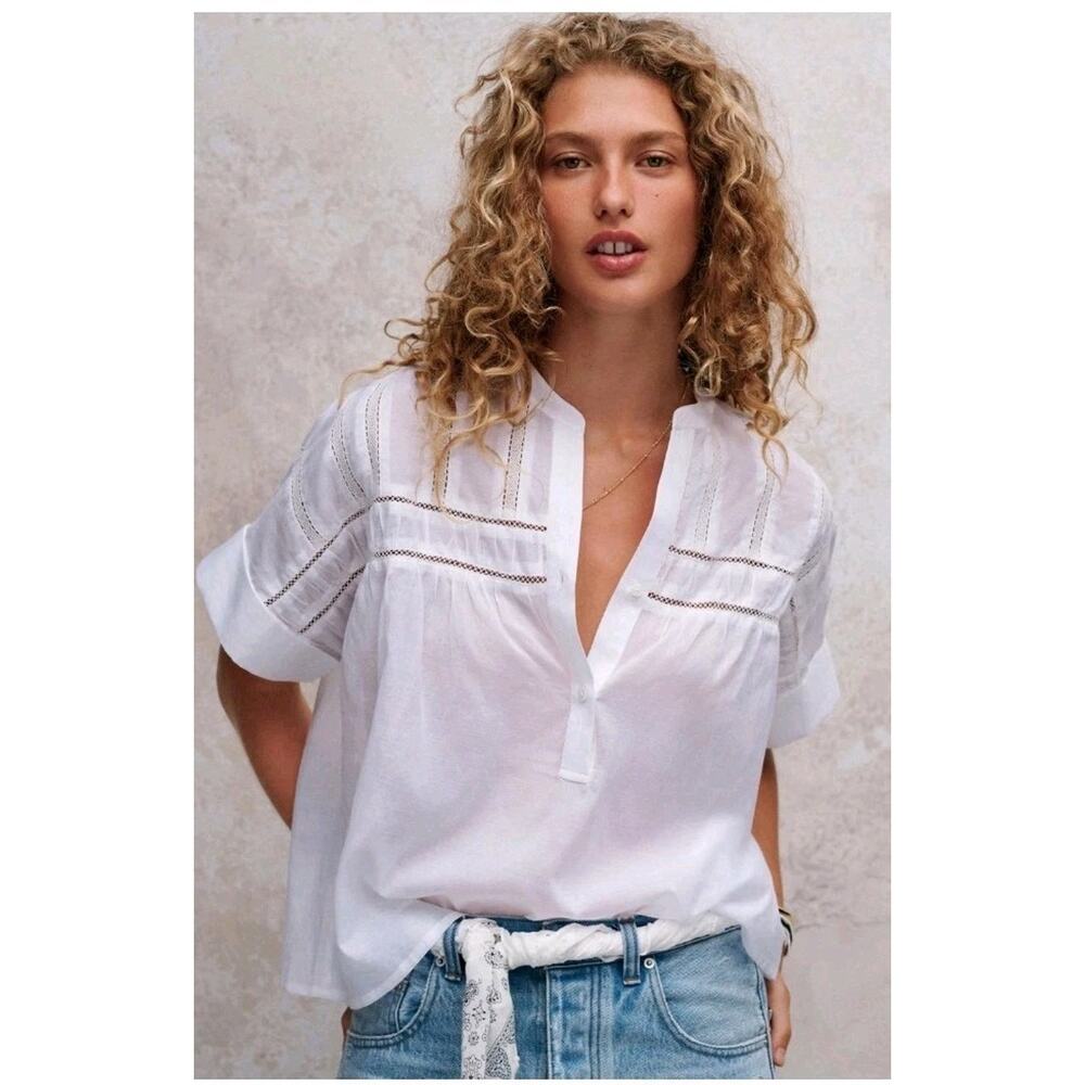 Madewell White Eyelet Trim Split-Neck Blouse